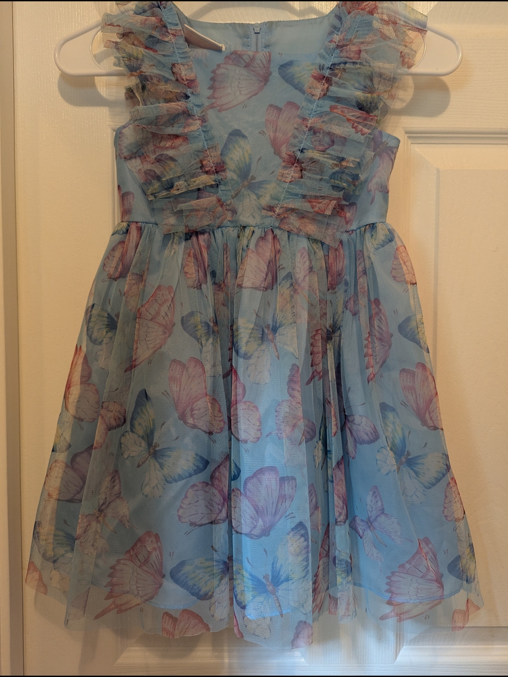 Girls Light Blue Butterfly Tulle Dress with Ruffled Straps